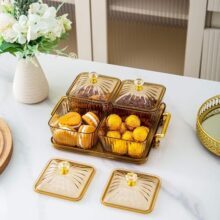 Plastic Snack Serving Tray With 3 Square Lidded Containers And Gold-Tone Handle Stand (4 Grids Dry Fruit Tray)