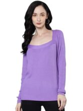 Lavender Rib Square Neck Full Sleeves Sweater