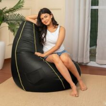 Sattva Faux Leather Classic Xxl Bean Bag Filled With Beans | Durable, Comfortable And Stylish | Perfect For Bedroom, Playroom, Living Room, Or Dorm Room – Dark Green With Yellow Piping