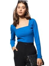 Barcino Royal Blue Rib Stitch Square Neck Full Sleeves Top