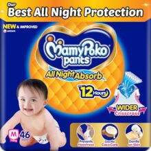 Mamypoko pants All night absorb|Pant Style Baby Diapers Medium Size(M), 46 Count, Ideal for 7-12Kgs|1 Diaper= Upto All night Absorption|Wider Crisscross Sheet|Gentle Coco Care| 12hr Leakage Protection