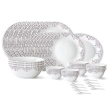 Larah by Borosil Lark Fluted Series Opalware Dinner Set | 44 Pieces for Family of 8 | Microwave & Dishwasher Safe | Bone-Ash Free | Crockery Set for Dining & Gifting | Plates & Bowls | White