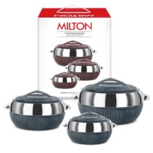 Milton Fiesta Inner Stainless Steel Jr. Casserole Set Of 3 (450Ml, 830Ml, 1370 Ml) | Pu Insulated Kitchen Hot Pot | Keeps Food Hot & Fresh For Roti, Biryani | Food Grade, Thermal Serving Bowl | Grey
