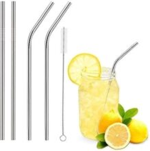 ADD2CART Stainless Steel Drinking Straws, 21.6 cm Long, 6 mm Radius, Set of 4 with Cleaning Brush, Dishwasher Safe