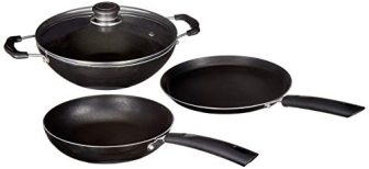 Amazon Brand – Solimo 3 Pcs Non Stick Cookware Set – Aluminium, Black