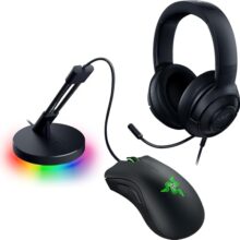 Razer Game On Bundle Gaming Combo with DeathAdder Essential Wired Mouse, Kraken X Lite Lightweight Gaming Headset, Mouse Bungee V3 Chroma, 6400 DPI Optical Sensor, 40mm Drivers, Black – NASA Packaging