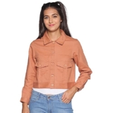 Campus Sutra Women’S Orange Regular Fit Denim Jacket For Winter Wear | Collared Neck | Full Sleeve | Buttoned | Casual Jacket For Woman & Girl | Western Stylish Jacket For Women