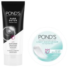 POND’S Pure Detox Face Wash 200 g, Daily Exfoliating & Brightening Cleanser, Deep Cleans Oily Skin – With Activated Charcoal for Fresh, Glowing Skin & POND’S Light Face Moisturizer 200 ml