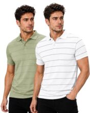 INKKR Striped Men Polo Neck T-Shirt Combo (Pink,LGreen) XXL