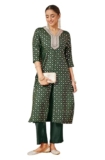 Janasya Women’s Dark Green Silk Blend Yoke Embroidered Straight Front-slit Kurta Pant Set (JAB25KB02538-XS)
