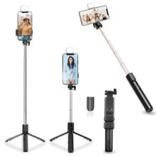 Kratos Selfie Stick, 3 In 1 Multifunctional Design, Rechargable Led Light With Two Brighness Levels For Make Up, Selfie & Photo Shoot, Selfie Stick With Bluetooth Remote (70Cm With Light)
