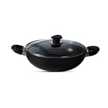 BERGNER Essential Plus 5 Layer Marble Non Stick Kadai/Kadhai with Glass Lid, 28 cm, 5.2 litres, Induction Base, Food Safe (PFOA Free), Thickness 3.2mm, 1 Year Warranty, Black