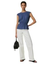 Marks & Spencer Crew Neck Smocked Shirred Detail Blouse Blue