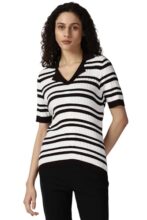 Van Heusen Women White Stripe Casual Stylized Neck Top