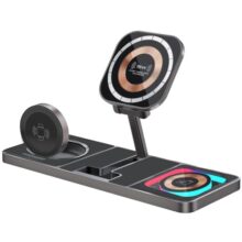 Promate Transparent Docking Station, Magsafe Desk Charger With 15W Qi Foldable Charging Stand, Apple Watch Charger, Charge Protection, Rgb Lights, And Durably Made, Auraslate-Trio,2 Years Warranty