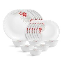 CELLO Scarlet Bliss Dazzle Series Opalware Dinner Set of 18 Pieces for Family of 6 | Bone-Ash Free & Leadfree Opal Glass, Microwave & Dishwasher Safe, Plates & Bowls Crockery Set for Dining & Gifting