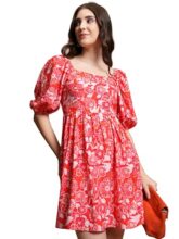 Tokyo Talkies Red & White Floral Printed Puff Sleeves Gathered Fit & Flare Mini Dress