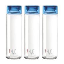 Cello H2O Glass Fridge Water Bottle With Plastic Cap | Leak Proof & Break-Proof | Wide Mouth & Easy To Clean | Best Usage For Office/School/College | Set Of 3, 920Ml | Blue