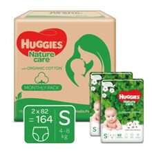 Huggies Nature Care Pants, Small Size (4-8 Kg) Premium Baby Diaper Pants, Monthly Pack 164 Count, Made With 100% Organic Cotton (82 Count, Pack Of 2)