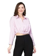 Women Pink Stripe Print Open Collared Cotton Crop Shirt