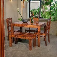 Custom Decor Carlsbade Solid Sheesham Wood 4 Seater Dining Table Set | With 3 Chairs And 1 Bench – Honey Teak Brown