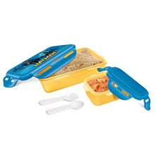 Milton Mini Fun Treat Lunch Box, Plastic Tiffin 650 Ml And Small Container 125 Ml With Plastic Spoons, Super Hero School Kids Lunchbox, Leak Proof, Dark Yellow