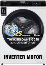 Haier 7 kg AI with Inverter Motor,Puristeam and Refresh Function, Anti Bacterial Technology, Super Drum 525mm with Custom Wash Programs Fully Automatic Front Load Washing Machine Black, White(HW70-IM12929)