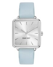 Nine West Women’s Analog Watch, Light Blue Faux Leather Strap, Vegan Leather Strap, Limited Movement, Chronograph, Silver-Tone Dial, NW/2671SVLB
