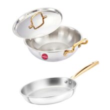 Amazon Brand – Solimo 2 PCS Premium Triply Stainless Steel Cookware Set (Kadai 22cm(1.8L) & Frypan 22cm with common lid) |Gas & Induction Compatible | Dishwasher Safe | Elegant Golden Handles | BIS Certified