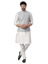 LATEST CHIKAN Men’s Silk Blend Kurta Pyjama Set with Jacquard Nehru Jacket – Festive&Wedding-Wear -2SS-CO-DPS-CR-NJ-SB-GY-38