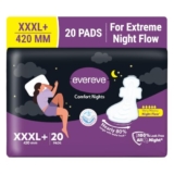 Evereve Comfort Nights Sanitary Pads XXXL+ 420mm, 20 Pads, 60% Longer with Wider back For All Night Care, Very Heavy Night Flow Absorption, Up to 100% Leak Protection, Rash-Free Breathable Comfort