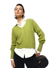 High Star Women Knitted Acrylic Relaxed Fit V Neck Long Sleeve Sweaters 22 Green