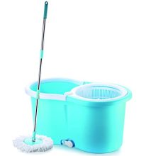 Ganesh Rapid Plastic Spin Mop, Round Plastic Bucket Floor Cleaning Mop with Bucket, Pocha for Floor Cleaning, Mopping Set (Blue, Set of 2 Microfiber Refills)