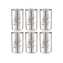 Neelam Stainless Steel 7, 22 Gauge Lazer Etching Amrapali Glass, 300 ml, Set of 6, Elegant and Durable Drinking Glass for Water, Juices, and Beverages, Ideal for Daily Use, Parties, Easy to Clean