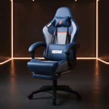 Baybee Drogo Multi-Purpose Ergonomic Gaming Chair With 7 Way Adjustable Seat, Head & Usb Massager, Pu Leather Lumbar Pillow Home & Office Chair With Full Reclining Back Footrest (Racer Blue)
