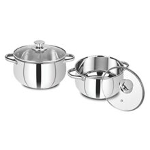 Bergner Acier Stainless Steel Set of 2 Cook and Serve Casserole with 2 Glass Lids, 4 pcs, 2 Casseroles 16cm with 2 Glass Lids, Induction Bottom, Gas Ready, Silver
