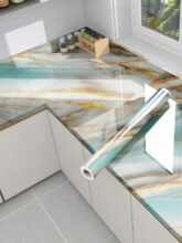 LEDHOLYT Vinyl Marble Wallpaper Peel and Stick Waterproof Wallpaper for Home Kitchen Countertop Cabinet Furniture Oil Proof Kitchen Stickers (60X200cm) (Jm-New Sky Gold)