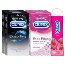 Pleasure Packs (Durex Extra Time 10s, Extra Ribbed 10s, Extra Time 10s, Extra Ribbed 10s, Cherry 50 ml)