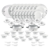 La Opala Diva Classique Collection Opal Glass Crockery | For Family Of 8 | Dinner Set 61 Pcs Mystrio Black | Plates & Bowls For Dining | Microwave Safe | 100% Vegetarian | Extra Strong | White