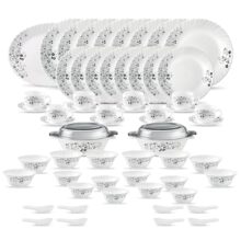 La Opala Diva Classique Collection Opal Glass Crockery | For Family Of 8 | Dinner Set 61 Pcs Mystrio Black | Plates & Bowls For Dining | Microwave Safe | 100% Vegetarian | Extra Strong | White