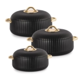 CELLO Aurum Insulated Casserole Hot Pot Box Set of 3 Pcs (1000ml, 1000ml, 1500ml) Black | Airtight Lid Hot Pot Case Keeps Food Hot & Warm For Long Hours, Casserole Set For Roti Chapati Rice Biryani