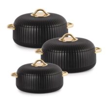 CELLO Aurum Insulated Casserole Hot Pot Box Set of 3 Pcs (1000ml, 1000ml, 1500ml) Black | Airtight Lid Hot Pot Case Keeps Food Hot & Warm For Long Hours, Casserole Set For Roti Chapati Rice Biryani