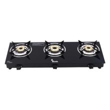 Thermador Glass Gas Stove 3 Burners Premium Brass Plated Burner | Automatic Ignition Tornado Burner 6 Mm Toughened Glass Top |Nylon Ergonomics Knob |Lpg Compatible|Isi Certified|1 Yr Warranty | Black