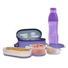 MILTON Hydrameal Combo Set Lunch Box with Insulated Jacket & 490 ml Water Bottle, 3 Containers (450 ml, 280 ml, 280 ml), Microwavable & Leak-Proof Tiffin for Office, School & College, Purple