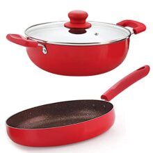Nirlon Red Stone Induction and Gas Compatible Non Stick Aluminium 3 Piece Cookware Set {1 Fry Pan 240mm – 1.5 Liter|1 Kadhai 240mm – 3 Liter|1 Glass Lid}