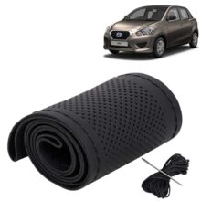 KINGSWAY® Car Steering Wheel Cover Sewable Compatible with Datsun Go (Year 2014 Onwards), Top-Notch PU Leatherite, Black Color with Black Thread, Pack of 1 with Sewing Needle and Thread