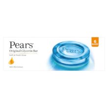 Pears Original Glycerin Soap Bar – Soft & Fresh Glow | With 98% Pure Glycerin & Mint Extract | For a Fresh Glow | With Plant Based Cleanser for Skin & Body | Paraben-free | 125 gms x 6