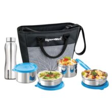 Signoraware Office Stainless Steel Lunch Box With Bottle | Airtight & Leakproof | Durable | Perfect For Office, School & Outdoor Use (500Mlx2 + 380Mlx2 + 750Ml | Setof5 | Tblue)