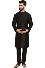 Skavij Men’S Art Silk Solid Kurta Pyjama Set Festive Woven Design 2-Piece Ethnic Dress (Kp055Black_Black_L)