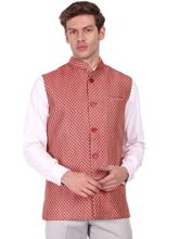 Skavij Men’S Indian Dupion Silk Weaving Design Sleeve Less Nehru Jacket Waistcoat Red_M